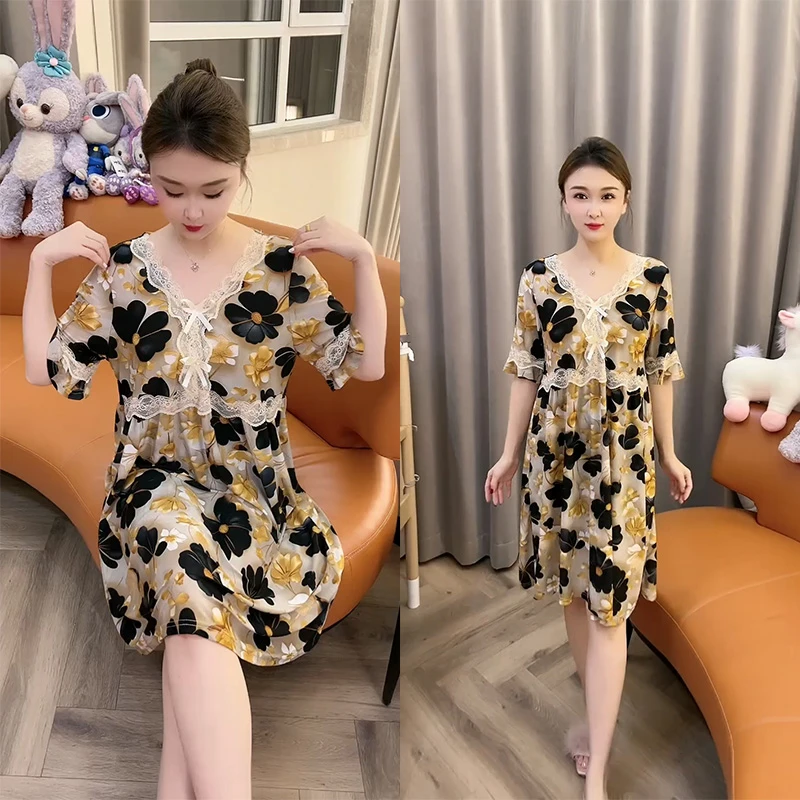 夏季薄款速干睡裙网红印花韩版时尚休闲宽松睡衣女舒适透气家居服