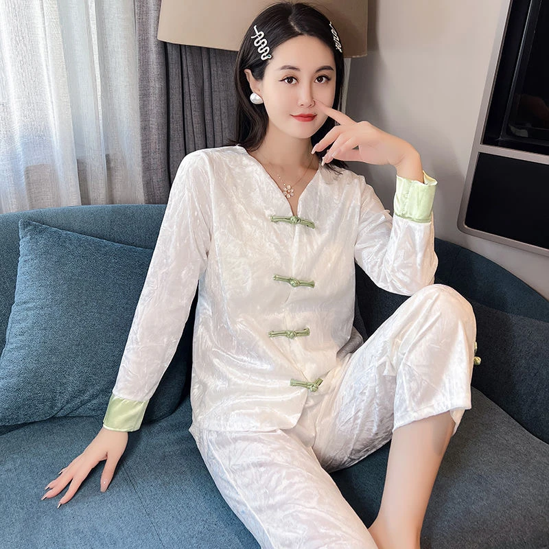 秋冬季奢华睡衣休闲宽松气质金丝绒时尚提花中国风盘扣家居服套装