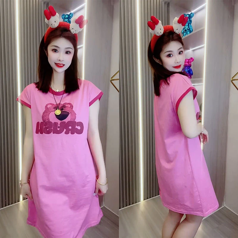 春夏大码草莓熊睡裙时尚宽松中长款睡衣女韩版休闲卡通印花家居服