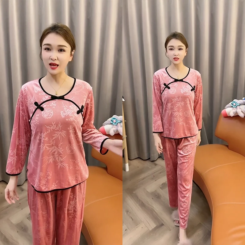 秋冬金丝绒睡衣女气质长袖时尚休闲气质显瘦中国风舒适家居服套装