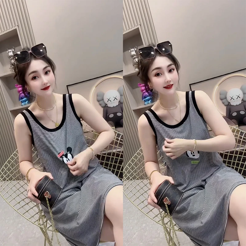 夏季薄款睡裙时尚洋气减龄长款韩版印花休闲宽松无袖睡衣女家居服