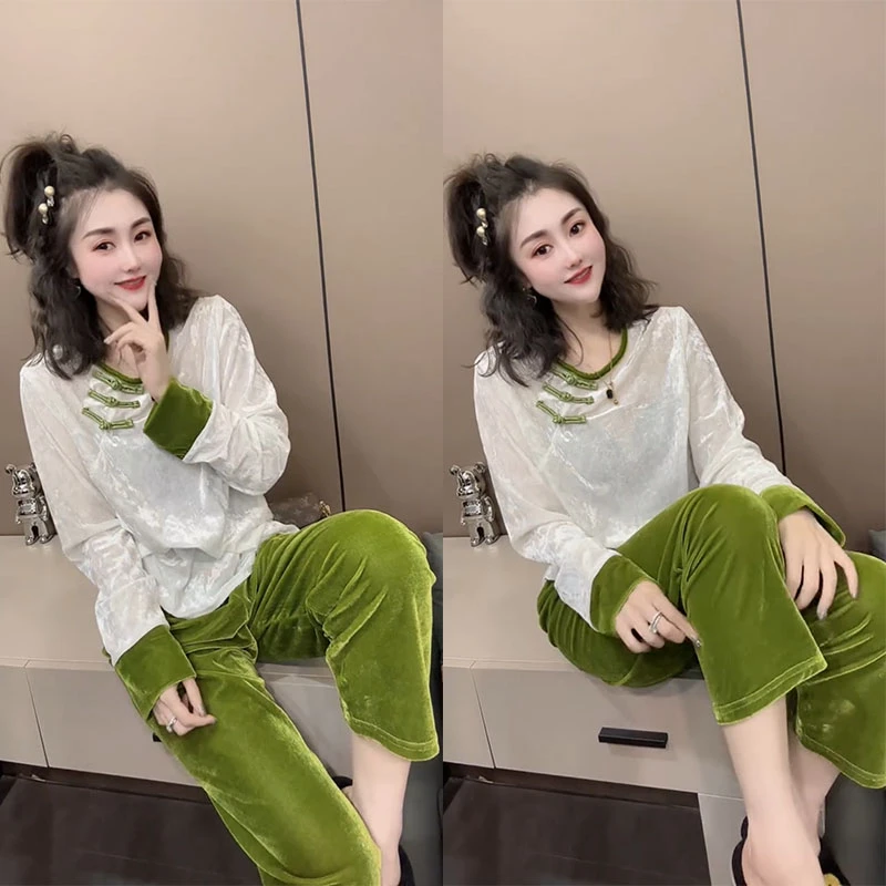 网红气质圆领睡衣女中式国风盘口长袖时尚休闲宽松韩版家居服套装