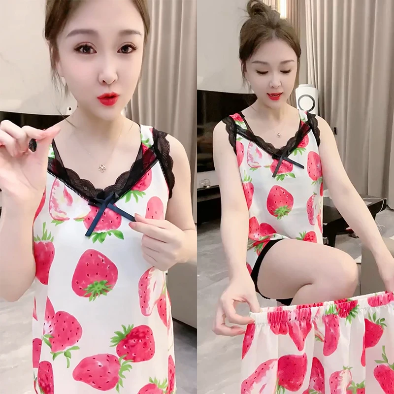 夏季韩版印花薄款吊带睡衣女两件套性感蕾丝花边宽松大码家居服套