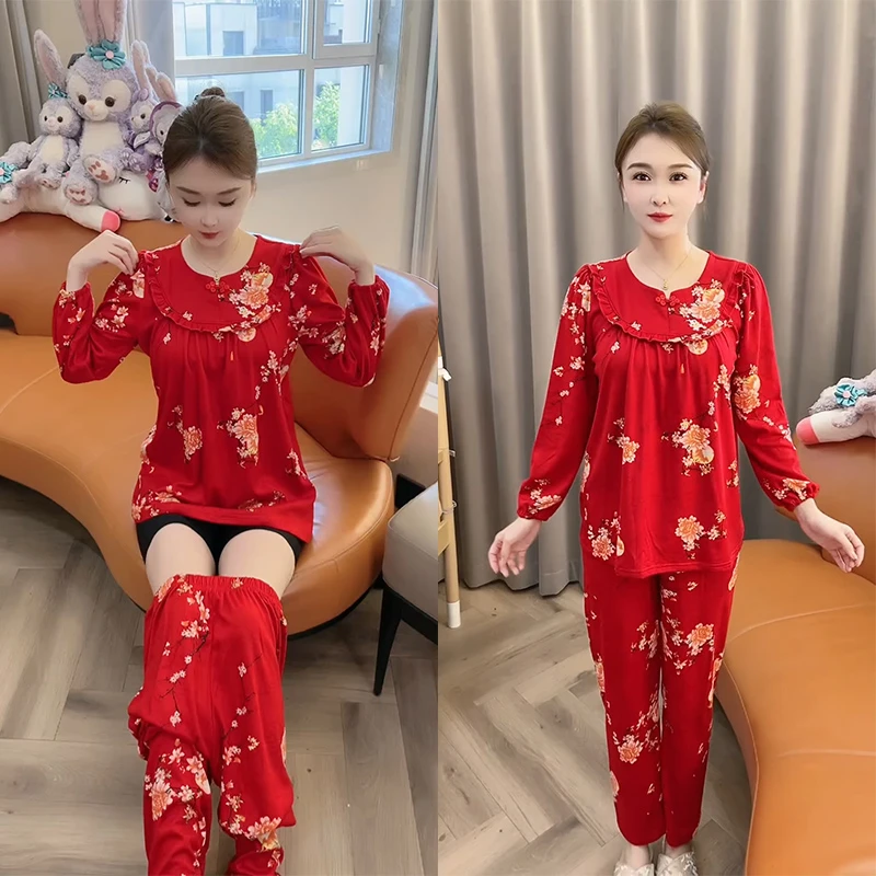 春秋季德绒睡衣女大码长袖中式国风网红休闲宽松舒适家居服套装