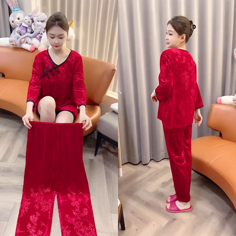 秋冬中式新娘蕾丝睡衣女金丝绒红色婚礼大码长袖中国风家居服套装