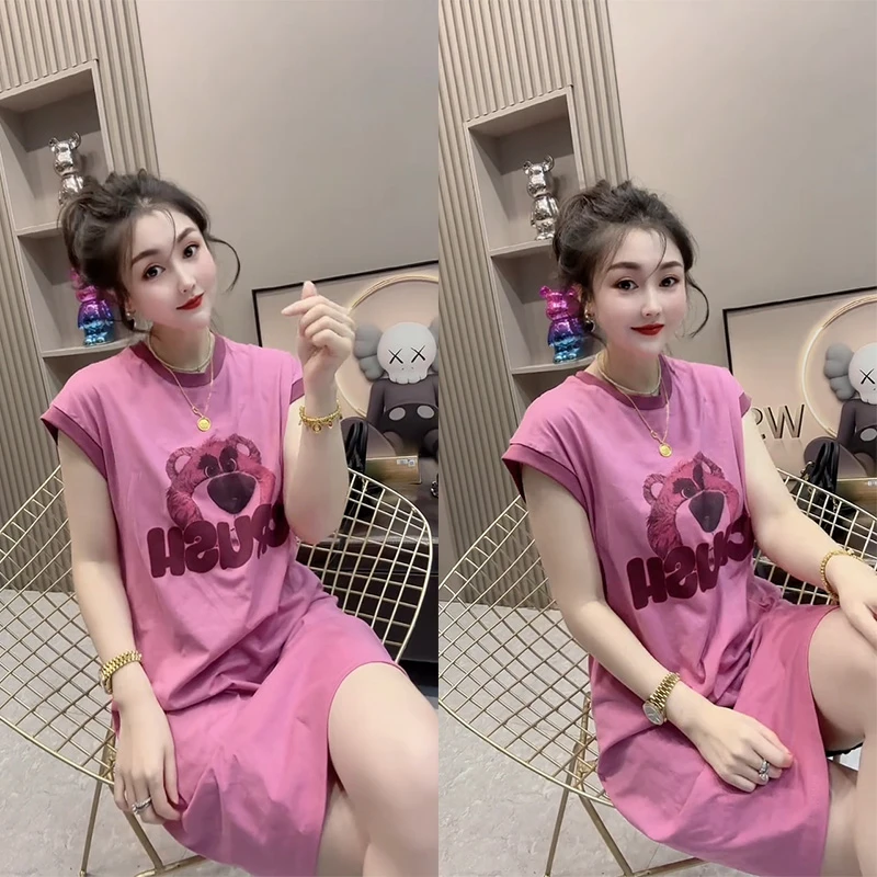 夏季薄款睡衣女时尚宽松中长款韩版网红草莓熊睡裙休闲减龄家居服