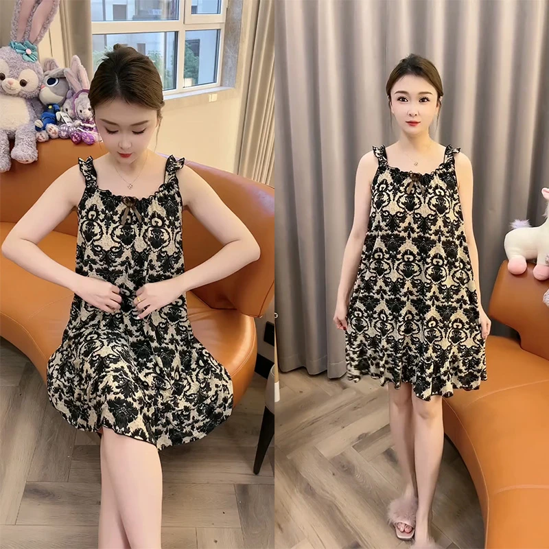 夏季薄款睡裙气质时尚宽松无袖睡衣女网红休闲性感印花韩版家居服