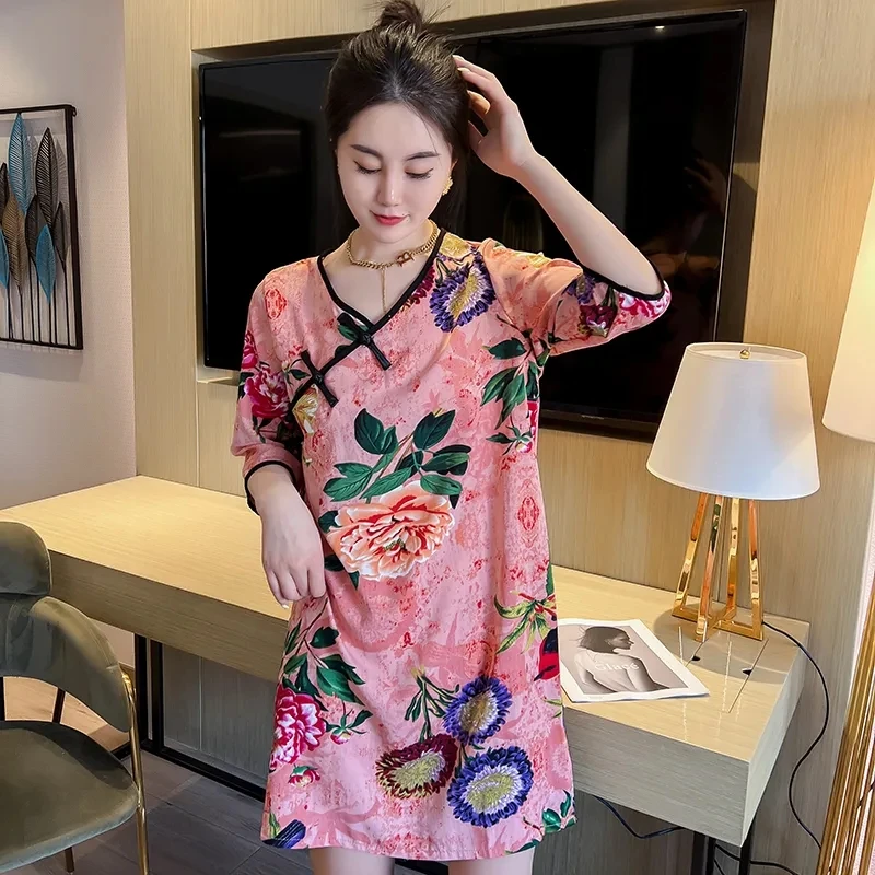 2025夏季薄款冰丝睡衣女网红中国风宽松睡裙复古印花中式家居服