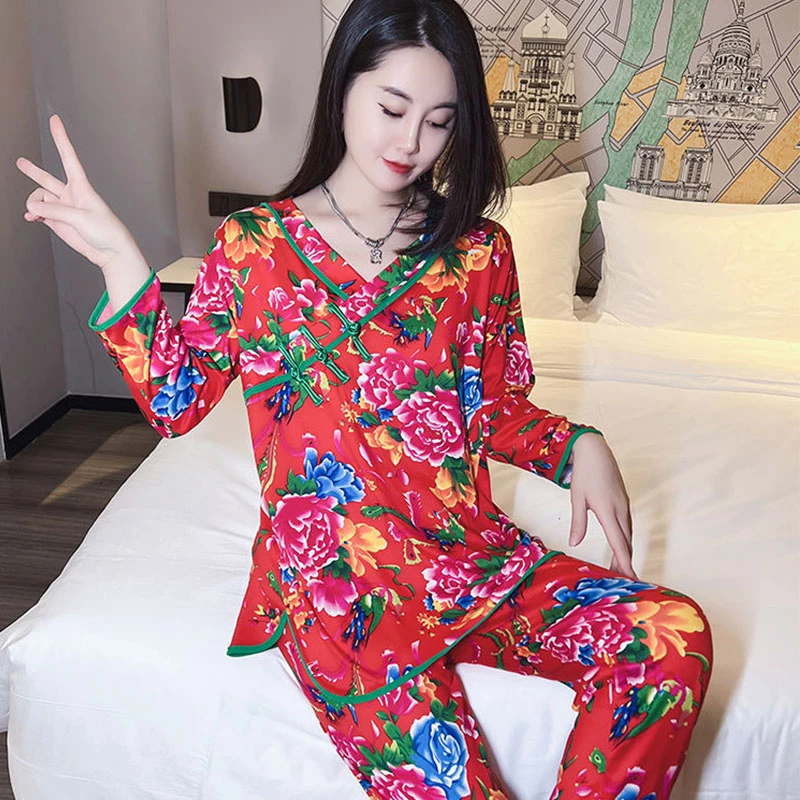 秋冬新款网红东北大花睡衣女套装大码长袖休闲宽松印花大花家居服