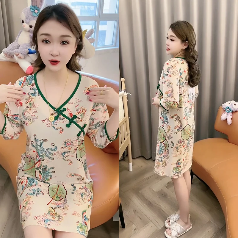夏季薄款速干睡裙气质时尚印花家居服显瘦洋气宽松修身睡衣连衣裙
