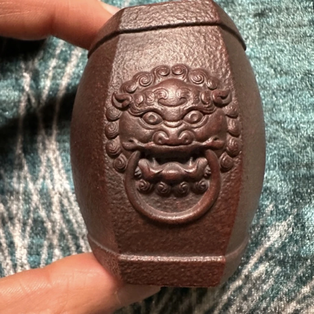 合盛花器紫砂六方盖置 两边狮头