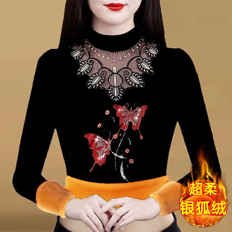 蝴蝶齐飞大码加绒加厚保暖银狐绒打底衫长袖蕾丝半高领妈妈装上衣