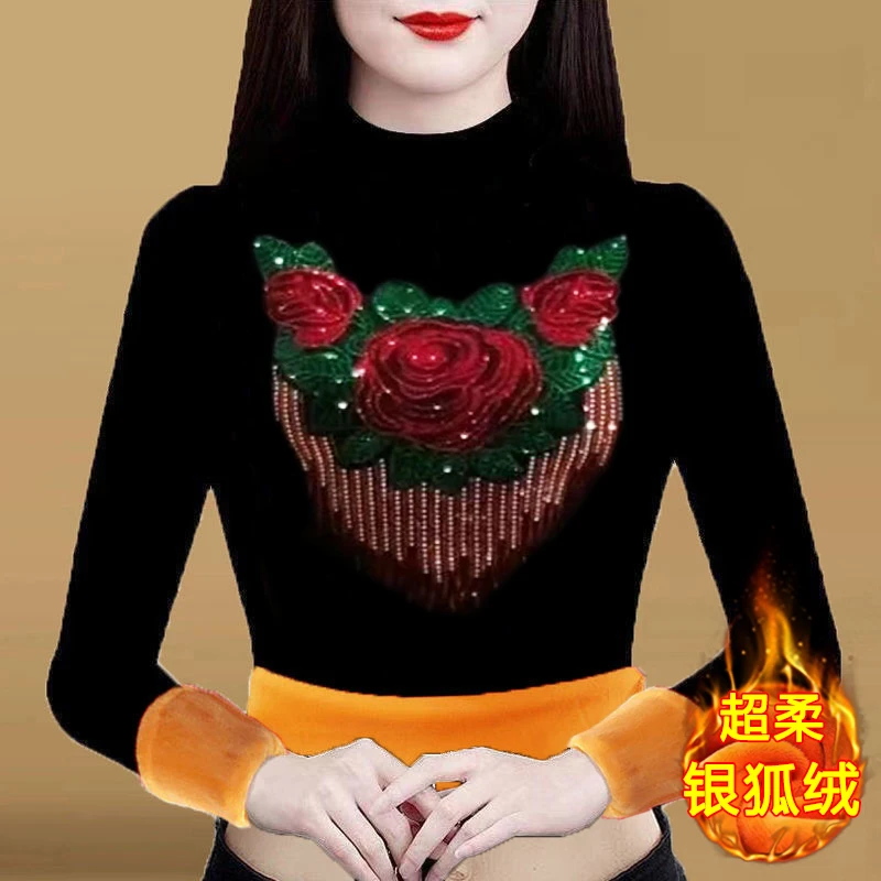 玫瑰花大码遮肚子长袖加绒加厚半高领打底衫银狐绒秋冬新款上衣女
