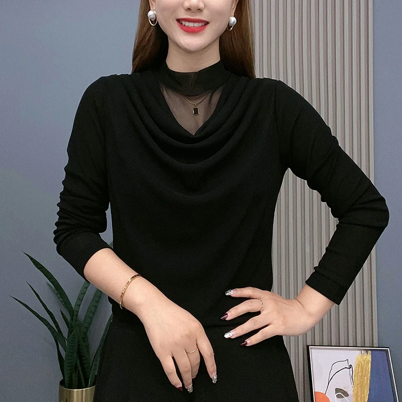 秋季新款时尚半高领纯色长袖打底衫大码遮肚子减龄洋气上衣妈妈装