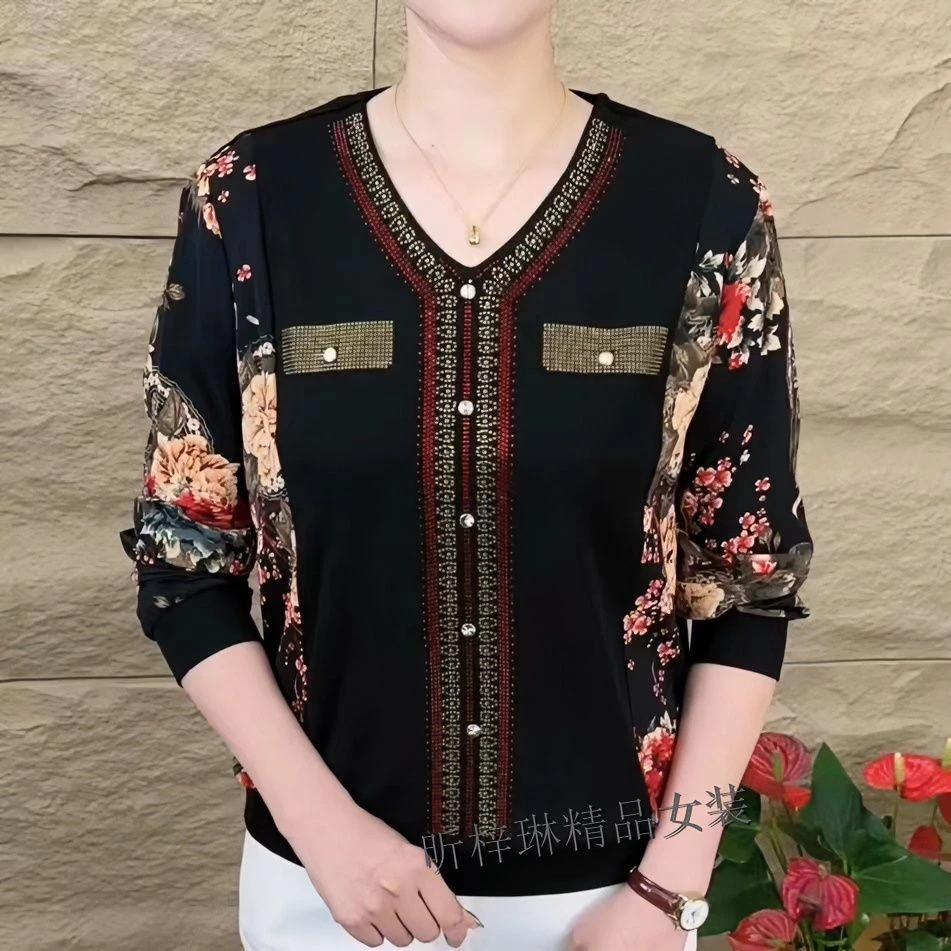 【桃姐补贴】秋冬新款洋气V领烫钻时尚百搭妈妈装气质显瘦长袖大码