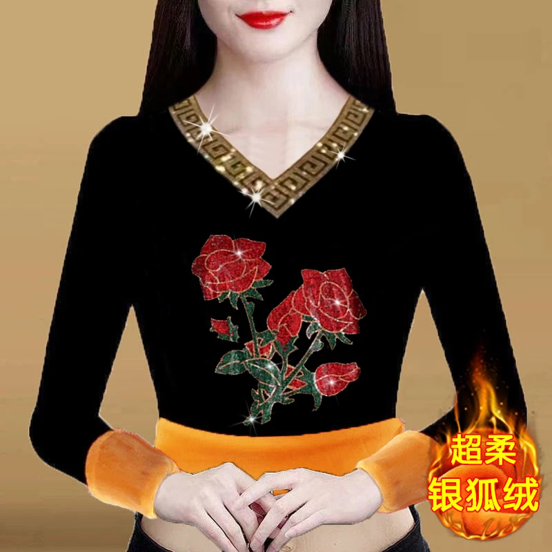 带刺玫瑰新款保暖显瘦银狐绒大码长袖加绒加厚V领打底小衫妈妈装