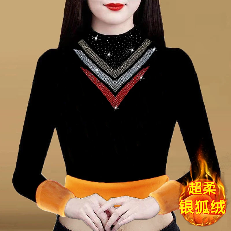 3V银狐绒大码遮肚子长袖加绒加厚半高领打底小衫妈妈装洋气上衣