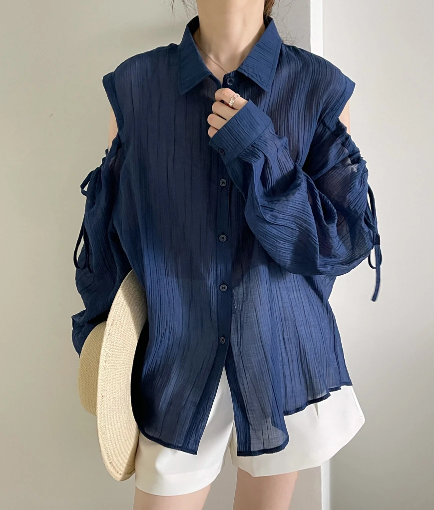 2025春秋纯色条纹衬衣女气质夏季露肩宽松防晒衣落肩袖显瘦衬衫女