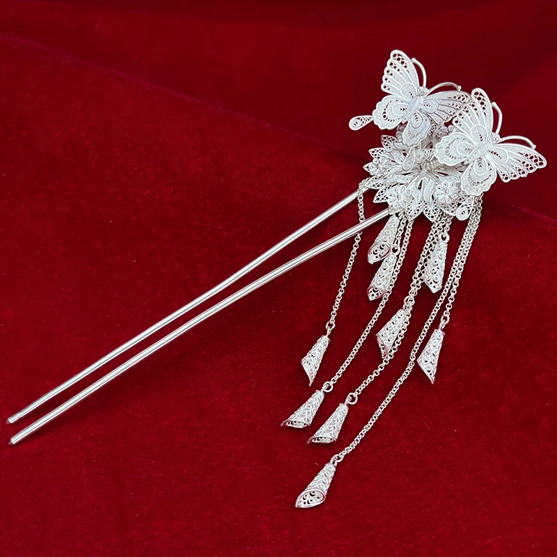 足银银制品 纯银花丝蝴蝶流苏超仙民族风双蝶恋花发簪