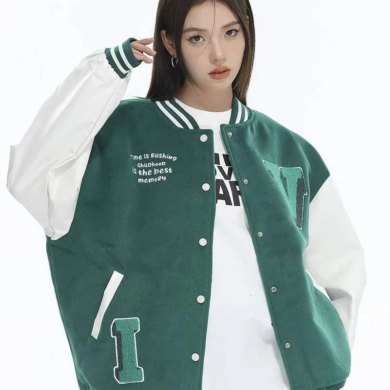 秋冬运动潮流加厚美式复古时尚休闲百搭宽松拼接撞色情侣棒球服