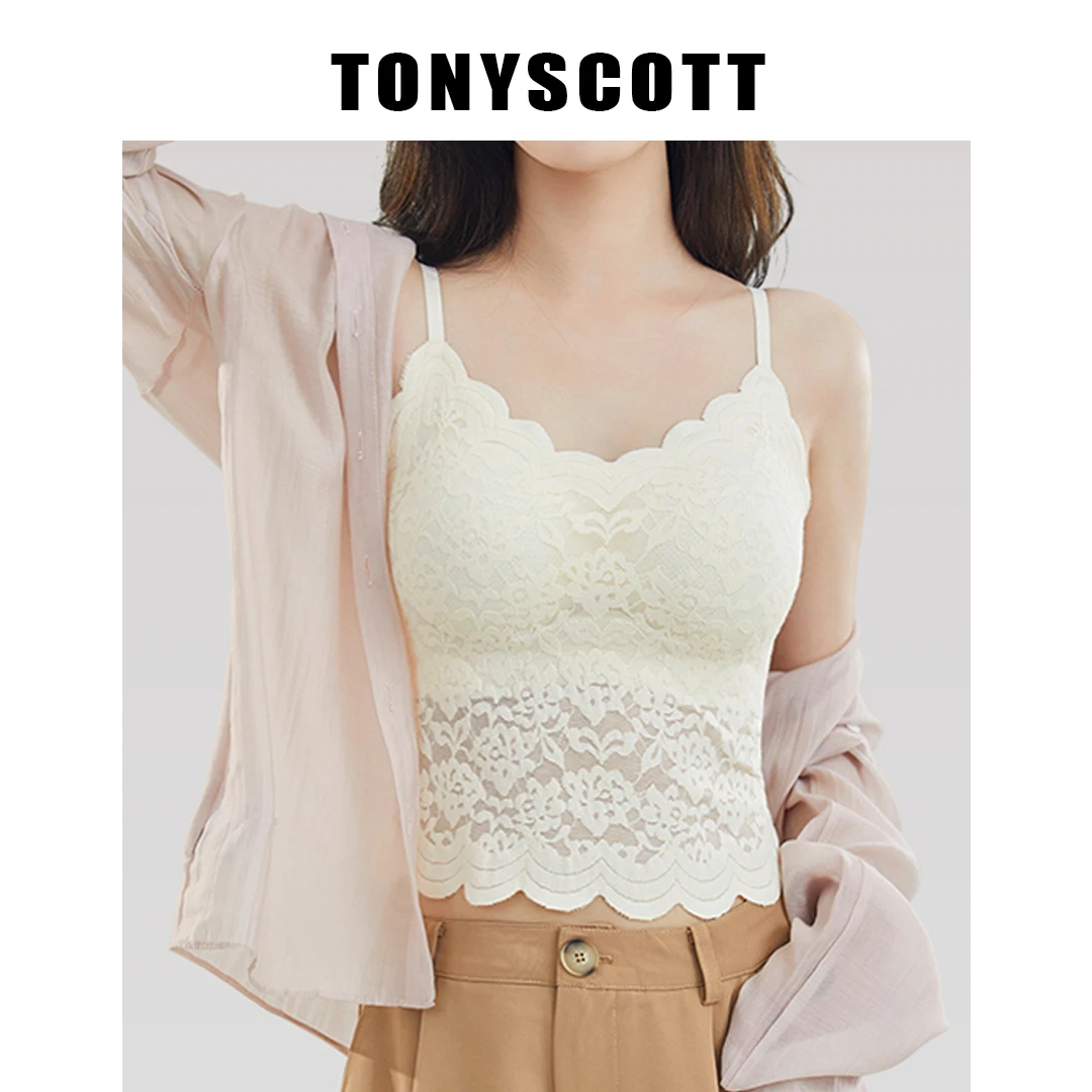 TONYSCOTT/带杯垫·蕾丝V领面穿内衣固定杯内搭外穿吊带背心秋冬季