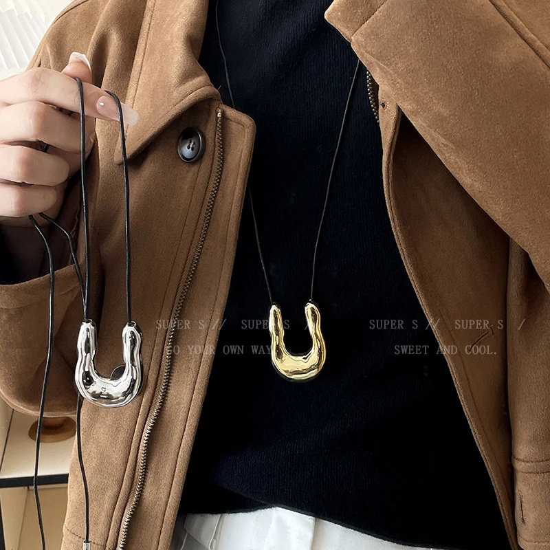 铜合金皮质项链 马总同款U形金属马蹄项链轻奢小众长款毛衣链C54