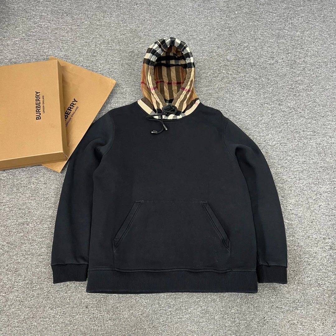 Burberry 巴宝莉 格纹拼接黑色连帽卫衣 帽衫 m码
