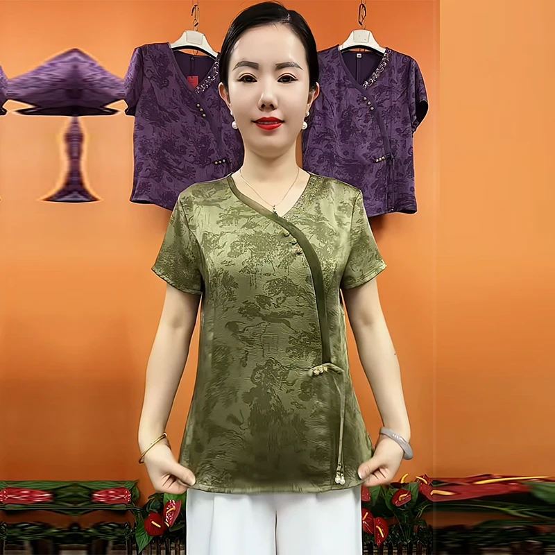 中老年妈妈夏装新中式气质短袖气质上衣洋气休闲衬衫新款复古小衫