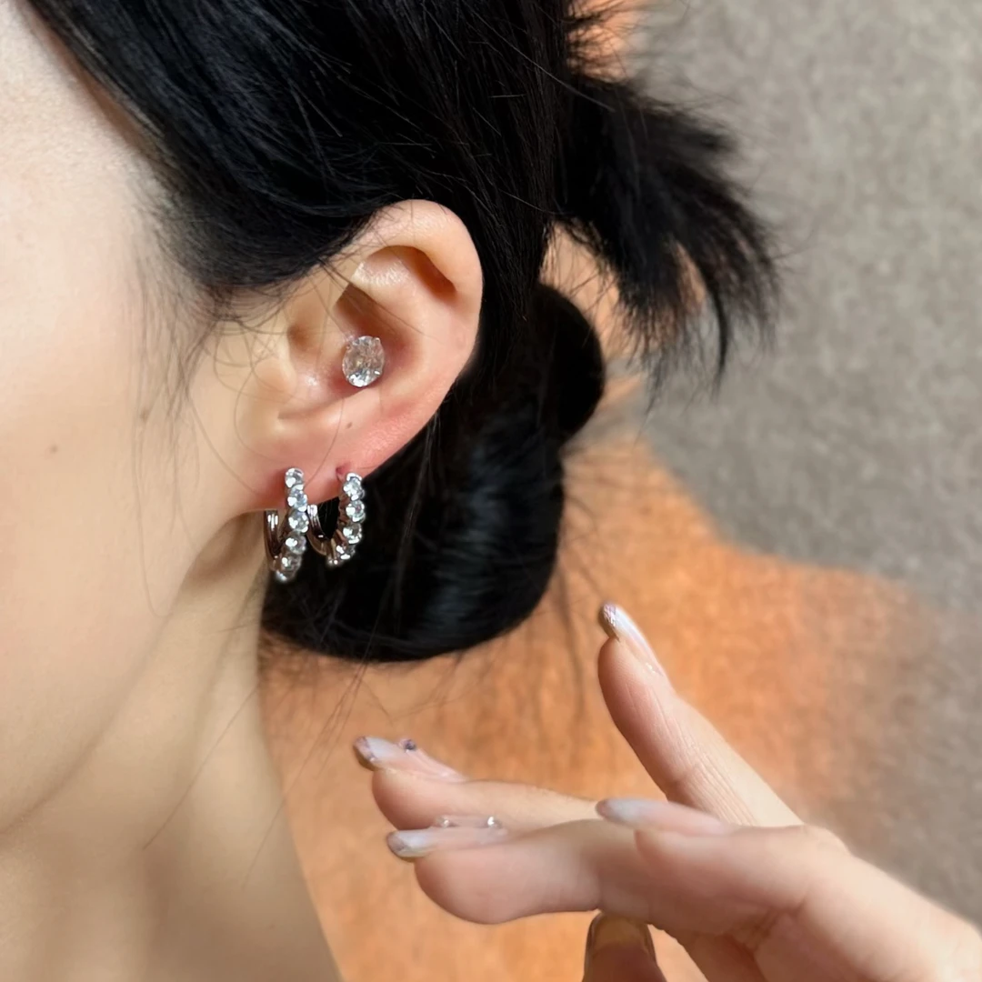 铜合金锆石耳饰 超闪925银针简约素圈 气质轻奢时尚百搭复古小众