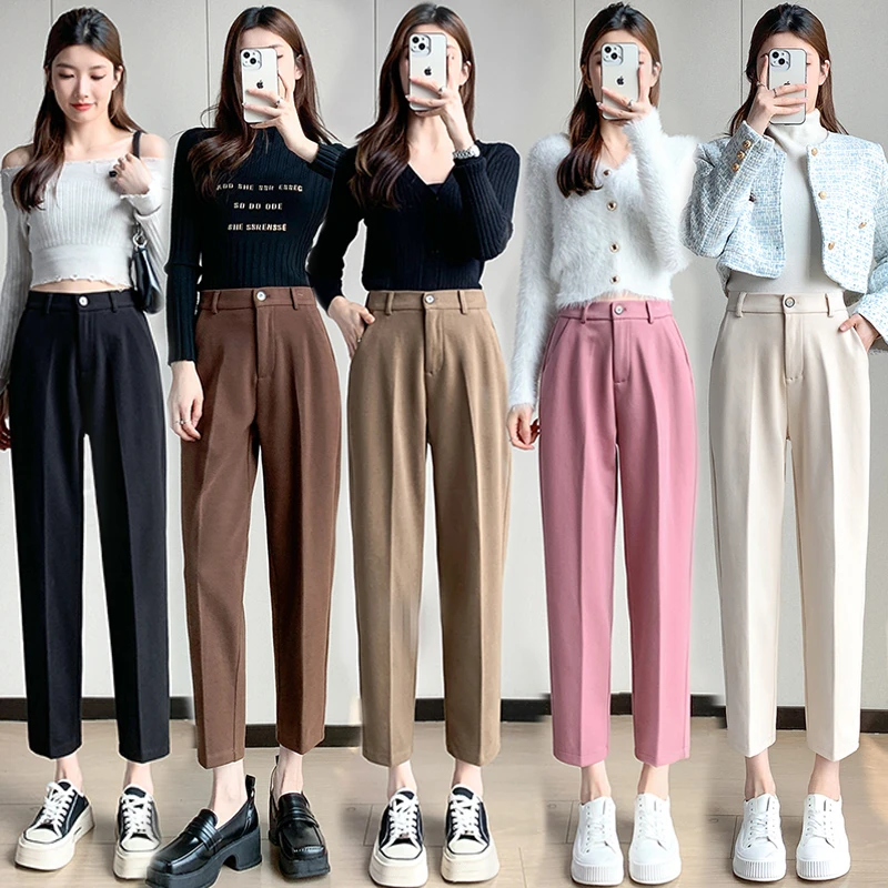 美拉德棕色小个子八分毛呢烟管裤女秋冬高腰毛呢显瘦九分裤