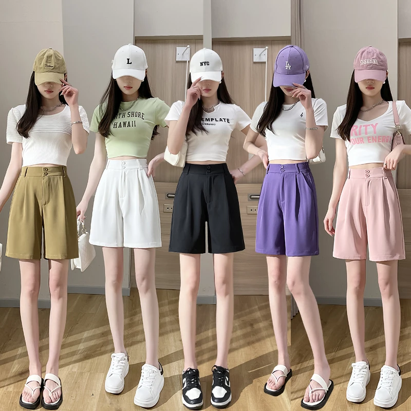 五分裤子粉色西装裤女夏直筒高腰垂感休闲裤9050