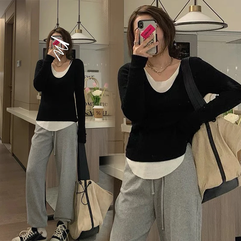 设计感百搭假两件T恤衫2025春季新款显瘦圆领内搭长袖上衣329