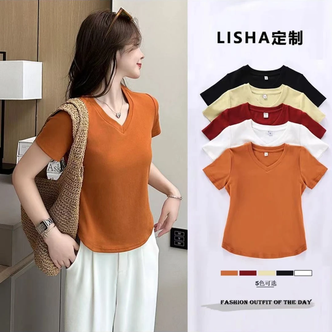 【夏日之约】正肩V领T恤衫/夏季2025韩版时尚显瘦洋气上衣