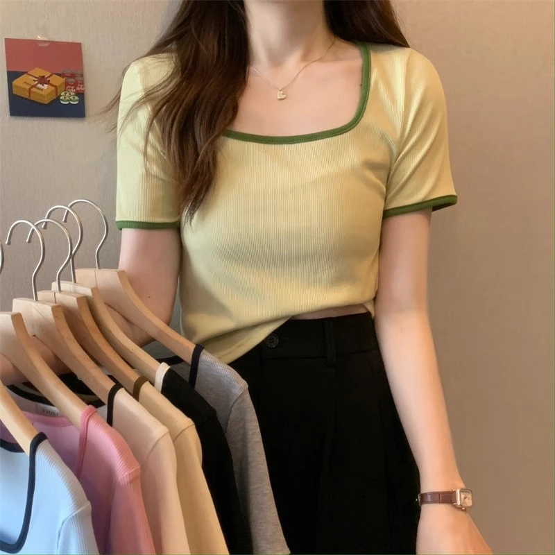 撞色心机网红t恤女2024新款夏季法式方领上衣短款高腰ins潮2312