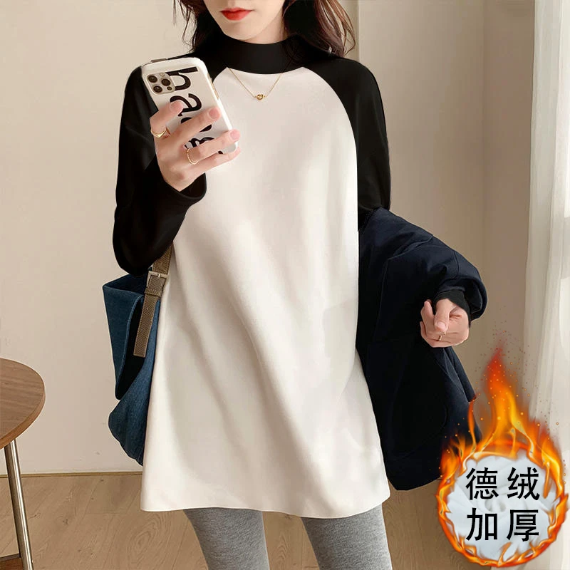 半高领德绒打底衫女秋冬中长款加厚撞色插肩长袖内搭上衣
