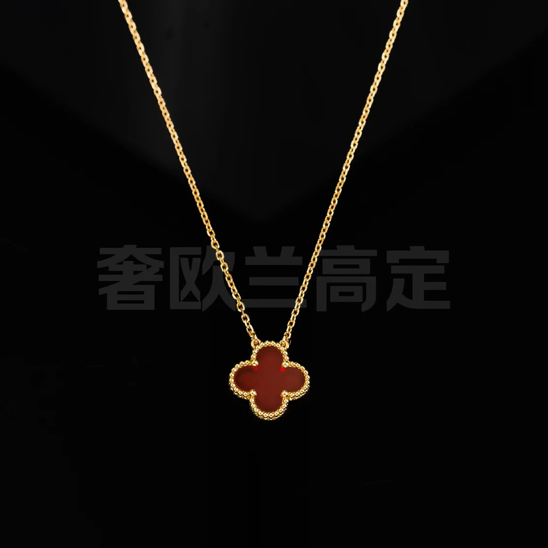 奢欧兰18K 金 天然红玛瑙四叶幸运单花项链