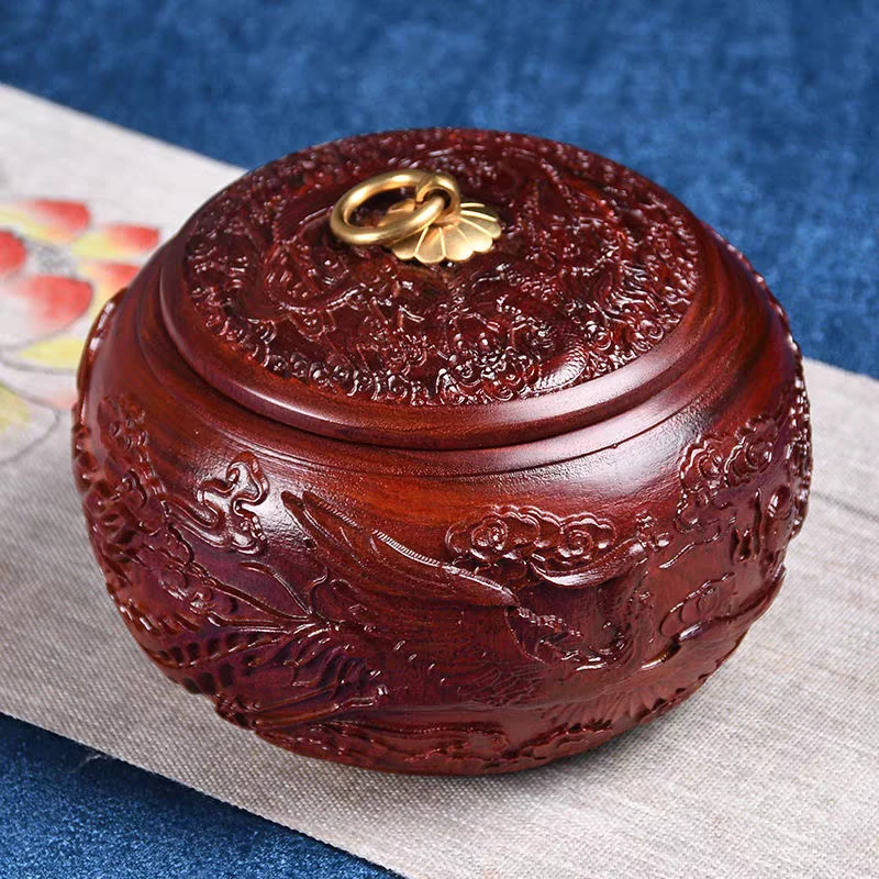 紫檀龙凤款茶叶罐实木茶罐中式茶盒家用木质收纳盒散装茶储物罐