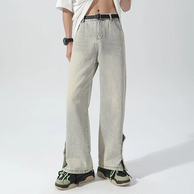 春秋黄泥微喇牛仔裤男薄款复古水洗裤子美式高街潮牌直筒拉链长裤