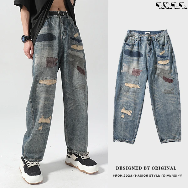 美式高街牛仔裤vibe风复古做旧水洗牛仔裤潮牌男女宽松潮流直筒裤