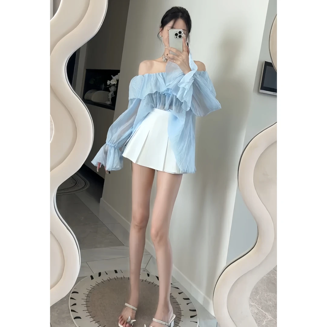 温柔风仙女气质时尚露肩轻奢薄款一字领荷叶边上衣夏季百褶半身裙