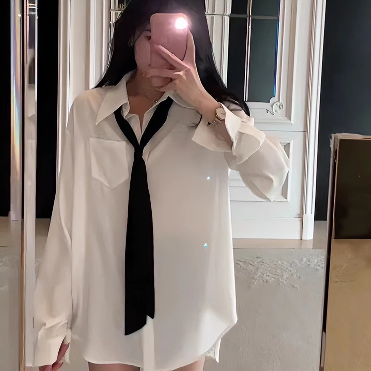 学院风春秋女装白色时尚百搭休闲黑领带宽松薄款长袖白衬衫套装