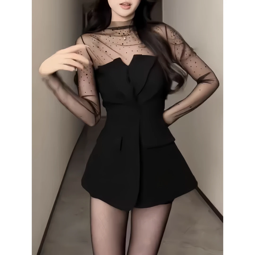 法式秋装新款辣妹收腰性感长袖短款网纱上衣黑色抹胸打底短裤套装