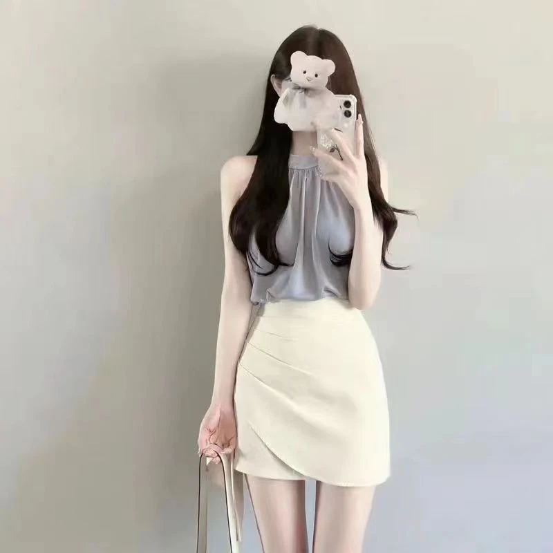 「律动莫兰迪」法式辣妹小众新款无袖挂脖女夏季显瘦高腰短裙两件套