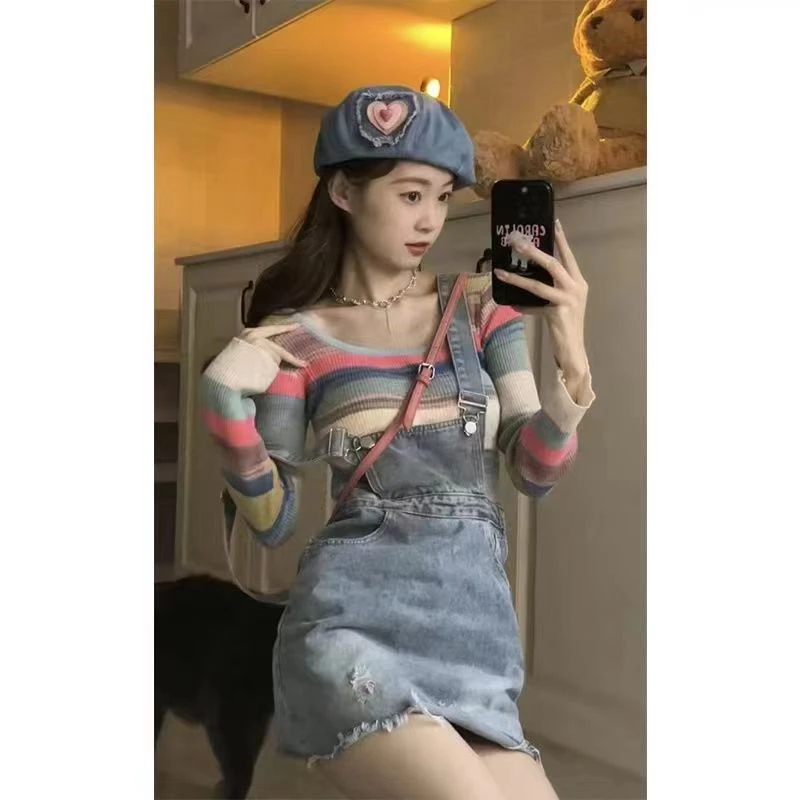 夏季条纹彩虹打底衫长短袖针织衫学院风大蝴蝶结浅牛仔背带裙