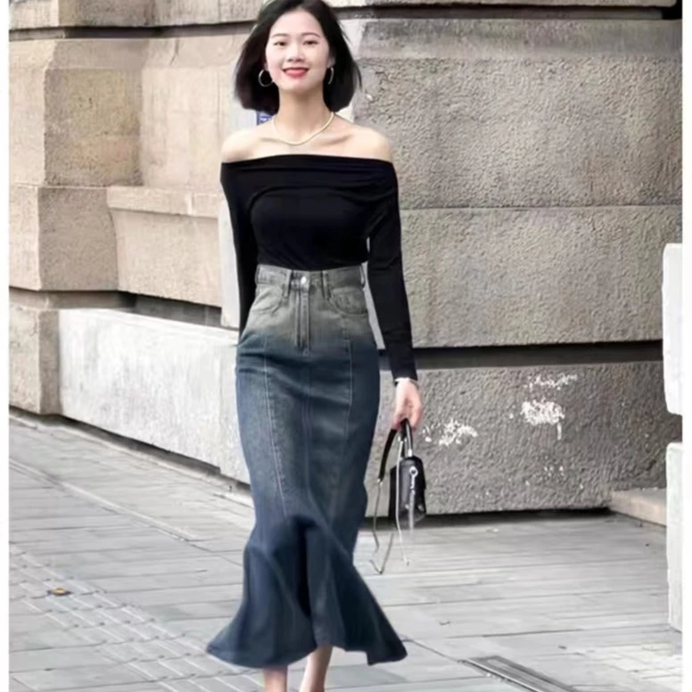 复古渐变鱼尾裙女设计感小众修身一字露肩T恤高腰a字牛仔包臀长裙