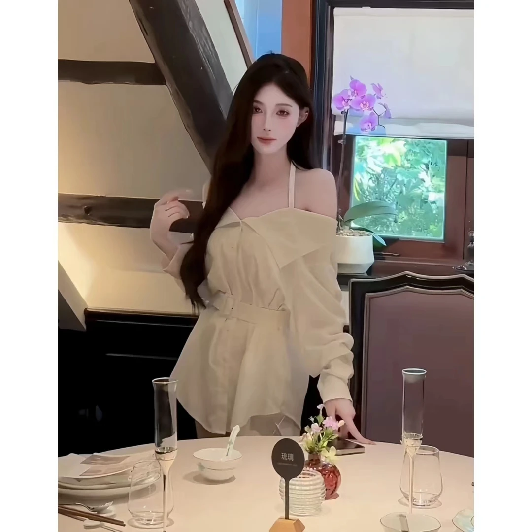 纯欲辣妹挂脖一字肩长袖收腰防晒衬衫女装时尚新款气质封腰上衣