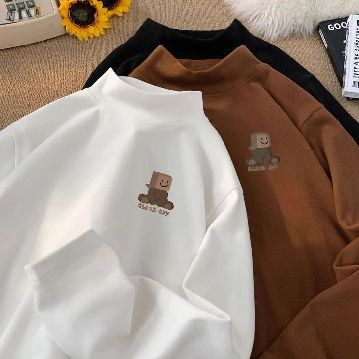 半高领德绒打底衫男士长袖T恤秋冬季2024新款宽松百搭内搭上衣