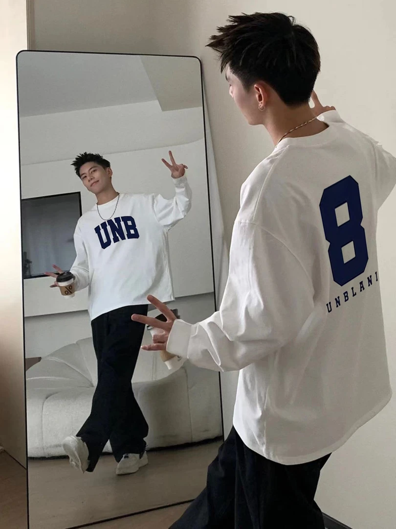 美式潮牌圆领长袖t恤男春秋季2024新款休闲重磅纯棉宽松高街上衣