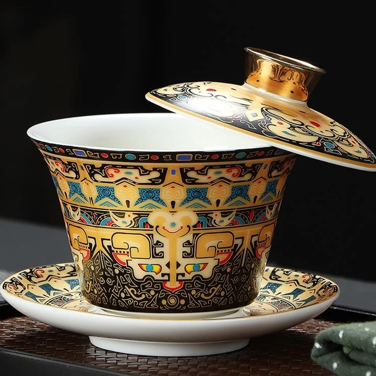 可悬停旋转盖碗不烫手三才功夫茶具陶瓷茶碗单个高档宫廷风茶盖碗