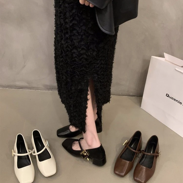 皮鞋百搭春季玛丽珍法式粗跟方头女鞋子浅口低跟